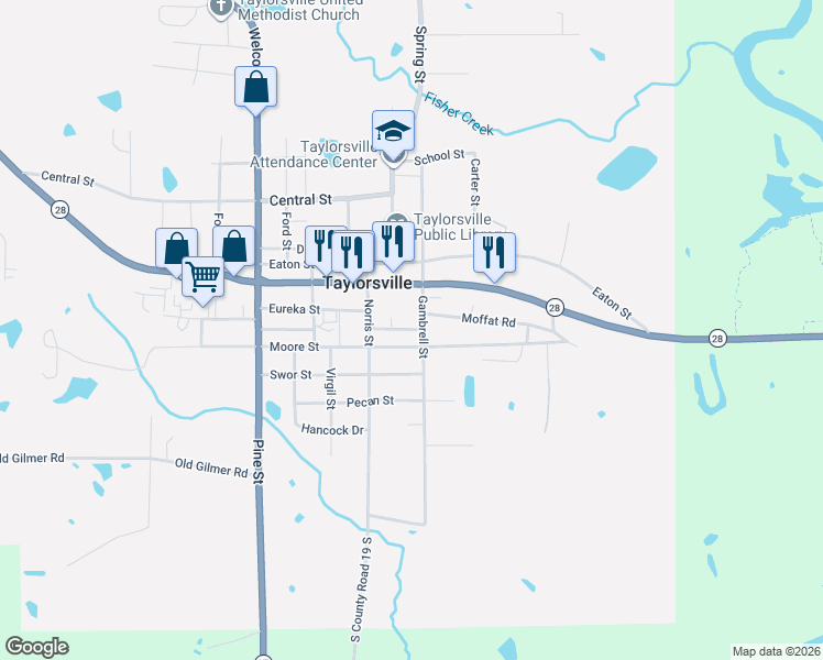 map of restaurants, bars, coffee shops, grocery stores, and more near 419-437 Willis St in Taylorsville