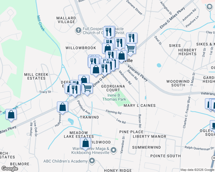 map of restaurants, bars, coffee shops, grocery stores, and more near 752 Elaine Street in Hinesville
