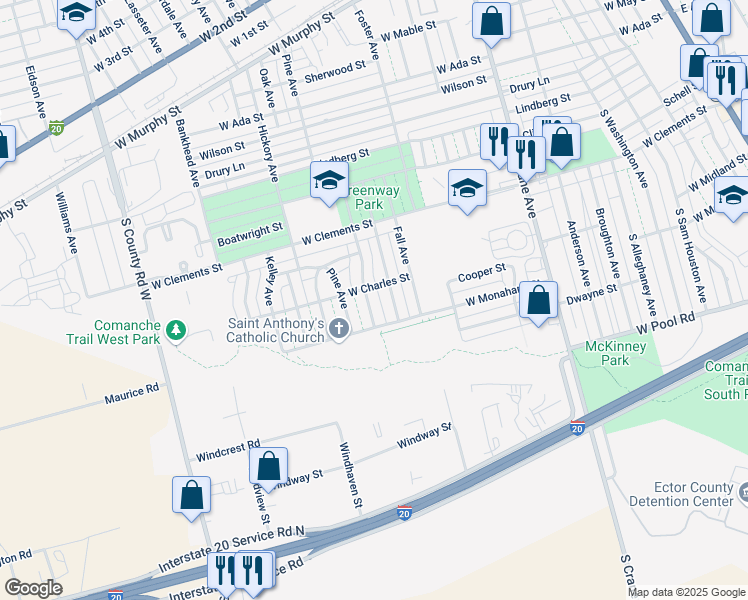 map of restaurants, bars, coffee shops, grocery stores, and more near 1202 Autumn Avenue in Odessa