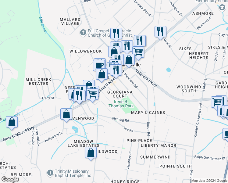 map of restaurants, bars, coffee shops, grocery stores, and more near 740 Elaine Street in Hinesville