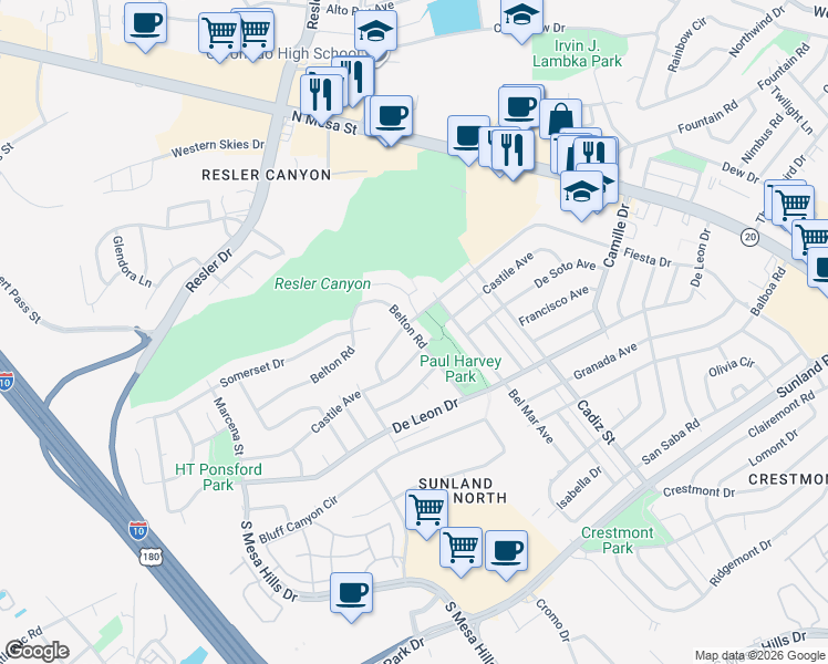 map of restaurants, bars, coffee shops, grocery stores, and more near 6316 Belton Road in El Paso
