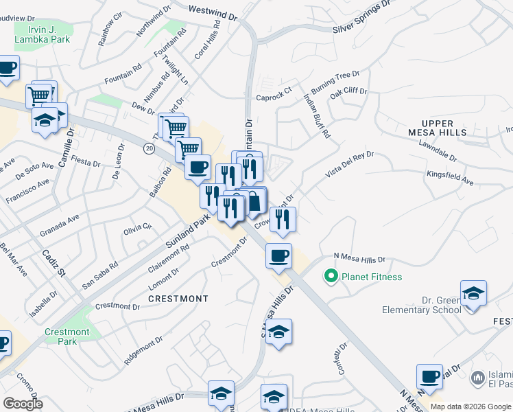map of restaurants, bars, coffee shops, grocery stores, and more near 129 Puma Circle in El Paso