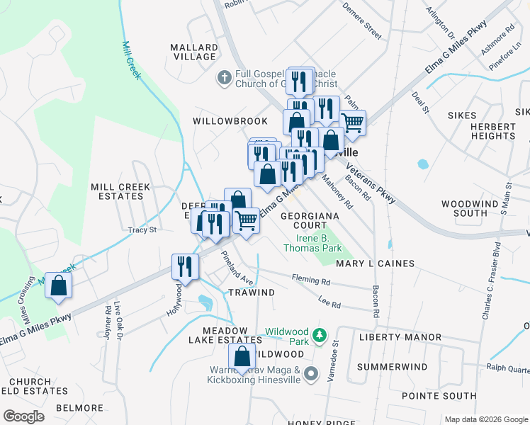 map of restaurants, bars, coffee shops, grocery stores, and more near 700 Strickland Street in Hinesville