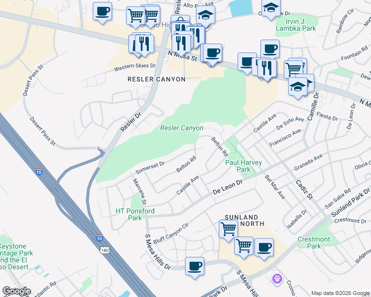 map of restaurants, bars, coffee shops, grocery stores, and more near 701 Somerset Drive in El Paso