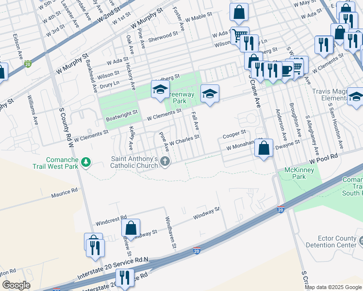 map of restaurants, bars, coffee shops, grocery stores, and more near 1202 Autumn Avenue in Odessa