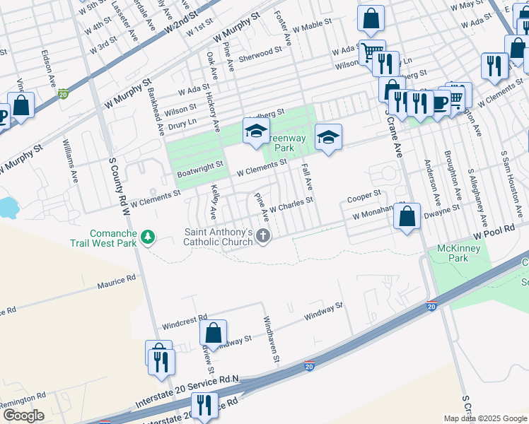 map of restaurants, bars, coffee shops, grocery stores, and more near 1399 West Charles Street in Odessa