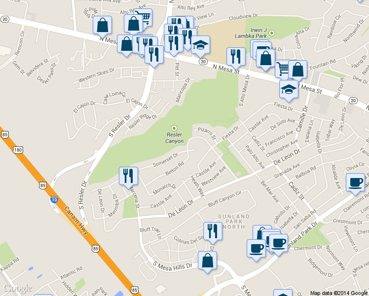 map of restaurants, bars, coffee shops, grocery stores, and more near 701 Somerset Drive in El Paso
