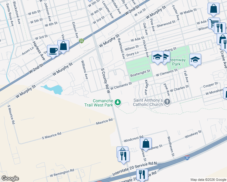 map of restaurants, bars, coffee shops, grocery stores, and more near 901 South County Road West in Odessa