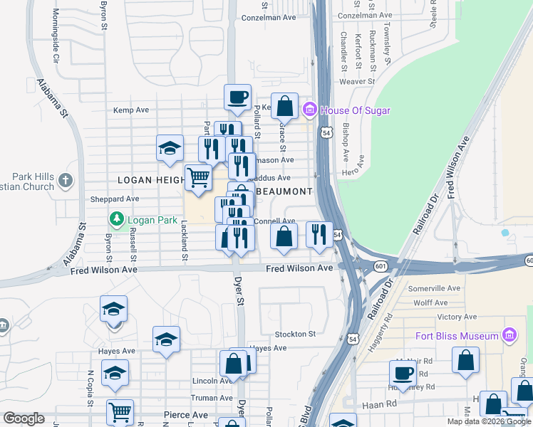 map of restaurants, bars, coffee shops, grocery stores, and more near 5545 Joyce Circle in El Paso