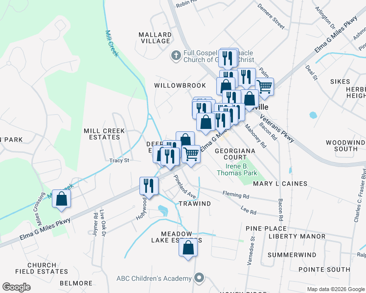 map of restaurants, bars, coffee shops, grocery stores, and more near 778 Shuman Street in Hinesville