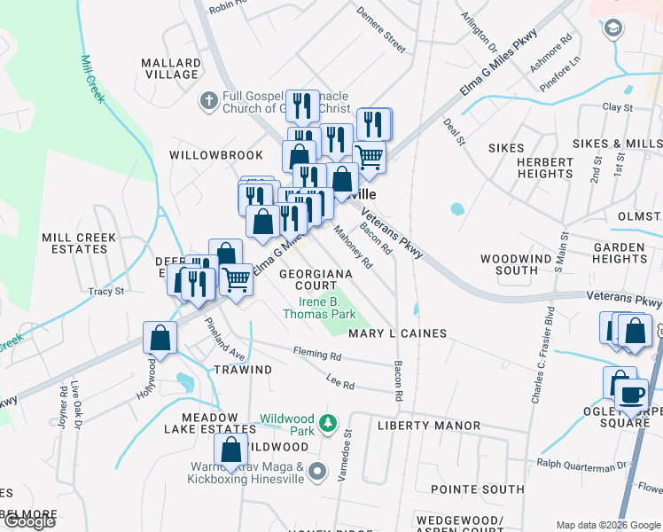map of restaurants, bars, coffee shops, grocery stores, and more near 679 McDowell Road in Hinesville
