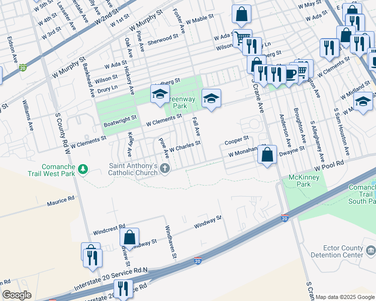 map of restaurants, bars, coffee shops, grocery stores, and more near 1202 Autumn Avenue in Odessa