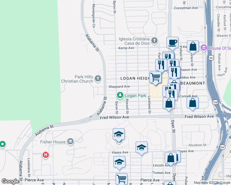 map of restaurants, bars, coffee shops, grocery stores, and more near 3409 Wickham Avenue in El Paso