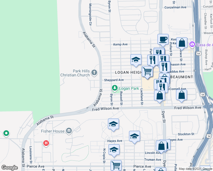 map of restaurants, bars, coffee shops, grocery stores, and more near 3409 Wickham Avenue in El Paso