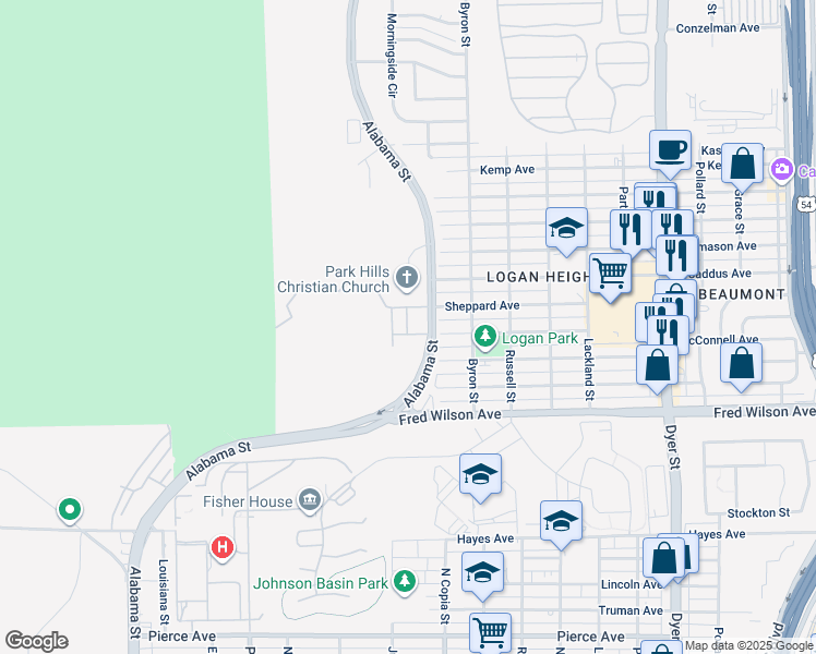 map of restaurants, bars, coffee shops, grocery stores, and more near 5515 Alabama Street in El Paso
