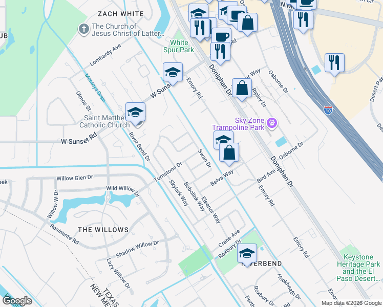 map of restaurants, bars, coffee shops, grocery stores, and more near 317 Turnstone Drive in El Paso