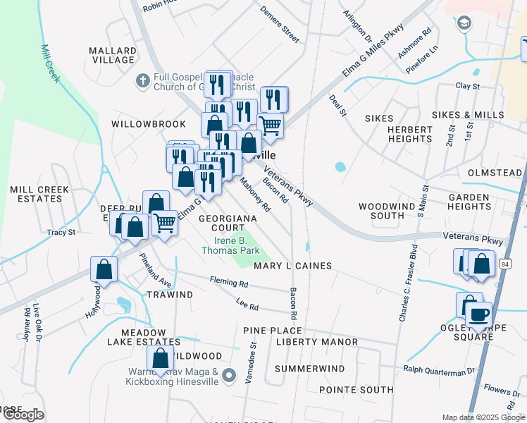 map of restaurants, bars, coffee shops, grocery stores, and more near 655 Mahoney Road in Hinesville