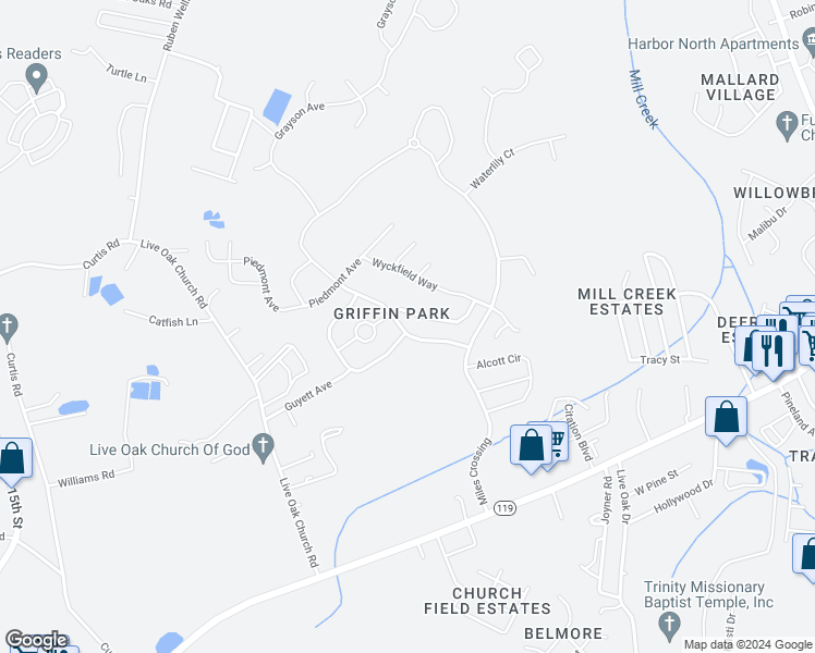 map of restaurants, bars, coffee shops, grocery stores, and more near 120 Grandview Drive in Hinesville