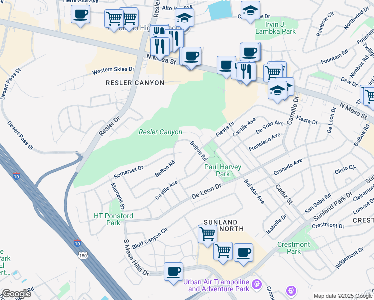 map of restaurants, bars, coffee shops, grocery stores, and more near 612 Somerset Drive in El Paso