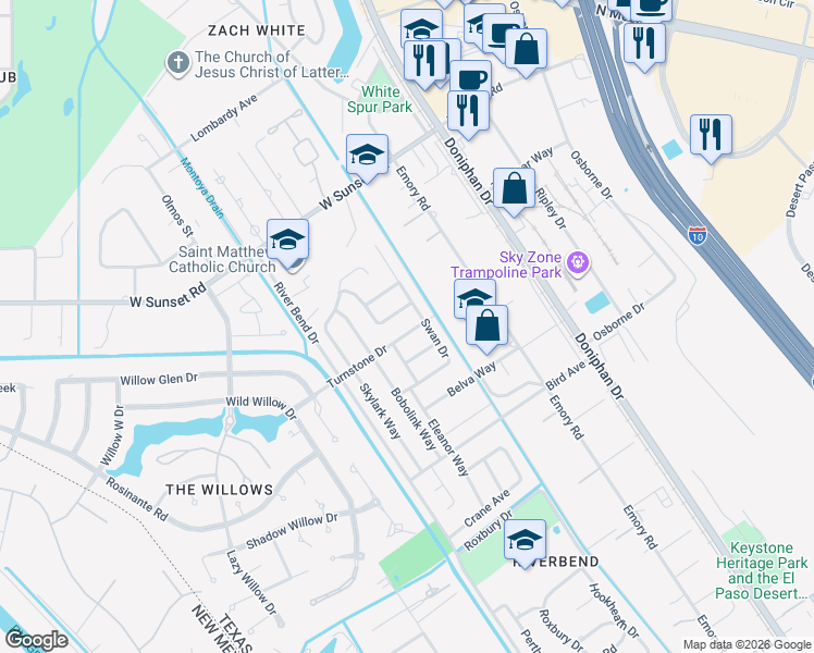 map of restaurants, bars, coffee shops, grocery stores, and more near 317 Turnstone Drive in El Paso