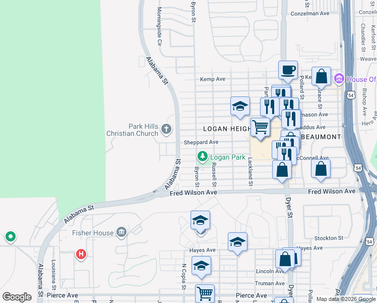 map of restaurants, bars, coffee shops, grocery stores, and more near 3409 Wickham Avenue in El Paso