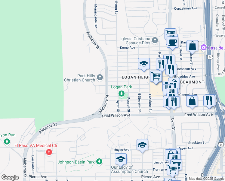 map of restaurants, bars, coffee shops, grocery stores, and more near 3415 Wickham Avenue in El Paso