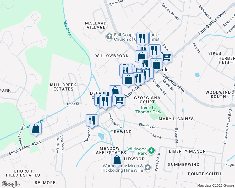 map of restaurants, bars, coffee shops, grocery stores, and more near 778 Shuman Street in Hinesville