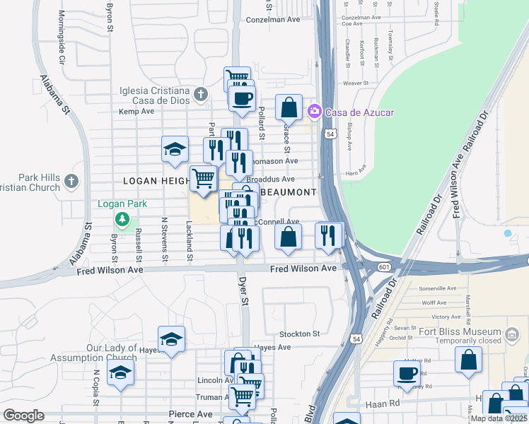 map of restaurants, bars, coffee shops, grocery stores, and more near 5545 Joyce Circle in El Paso