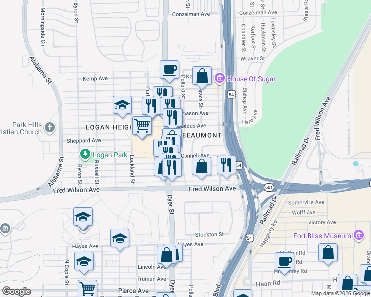 map of restaurants, bars, coffee shops, grocery stores, and more near 5545 Joyce Circle in El Paso