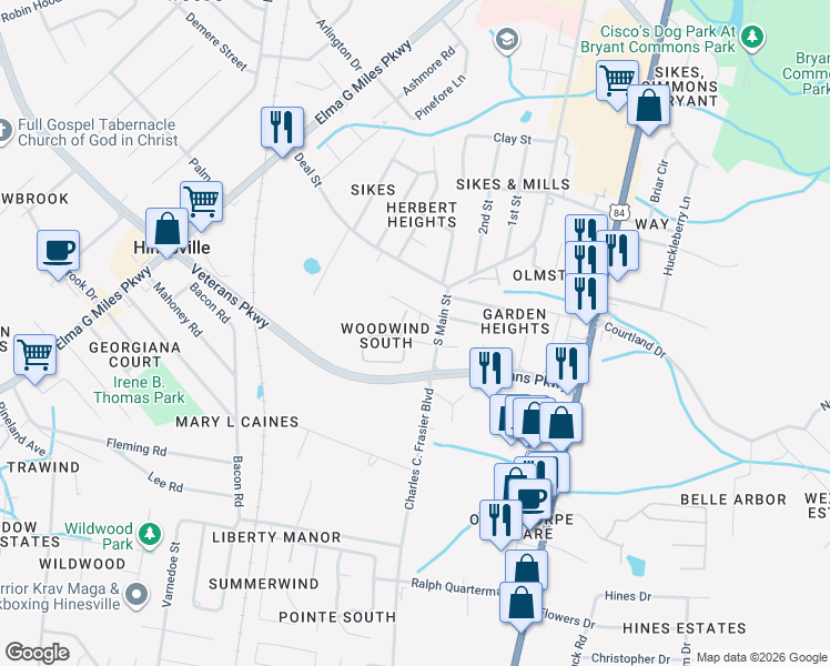 map of restaurants, bars, coffee shops, grocery stores, and more near 1507 Northside Drive in Hinesville