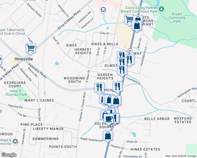 map of restaurants, bars, coffee shops, grocery stores, and more near 246 Garden Circle in Hinesville