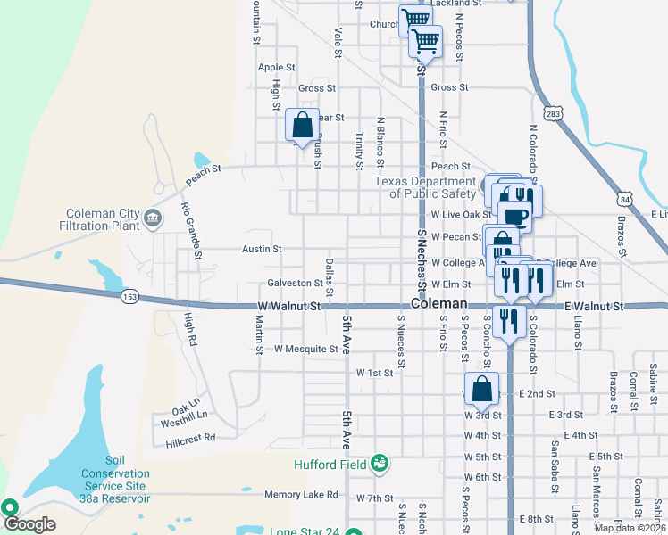 map of restaurants, bars, coffee shops, grocery stores, and more near 814 Galveston Street in Coleman