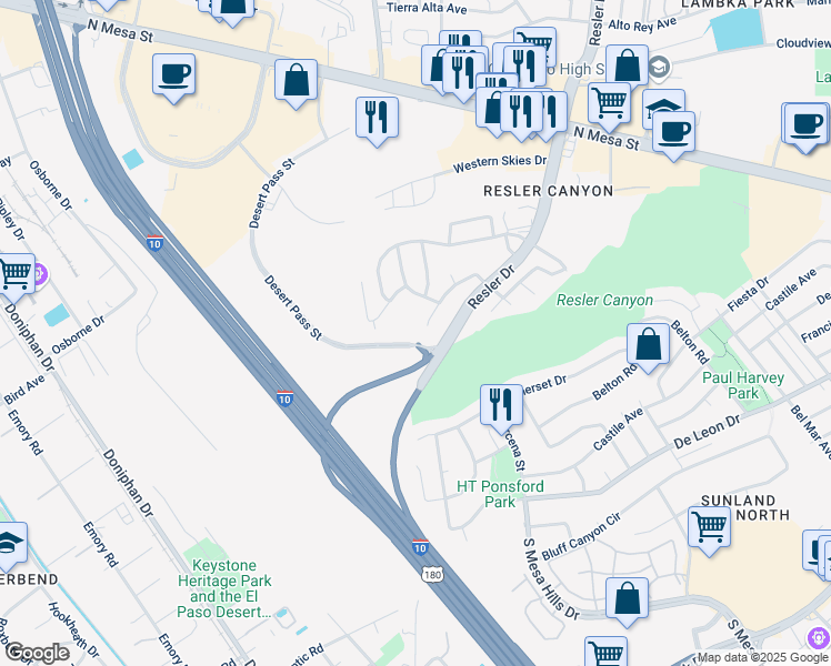 map of restaurants, bars, coffee shops, grocery stores, and more near 458 El Camino Drive in El Paso