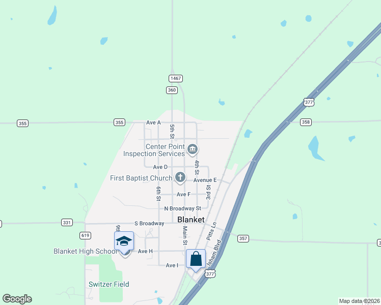 map of restaurants, bars, coffee shops, grocery stores, and more near 309 Main Street in Blanket