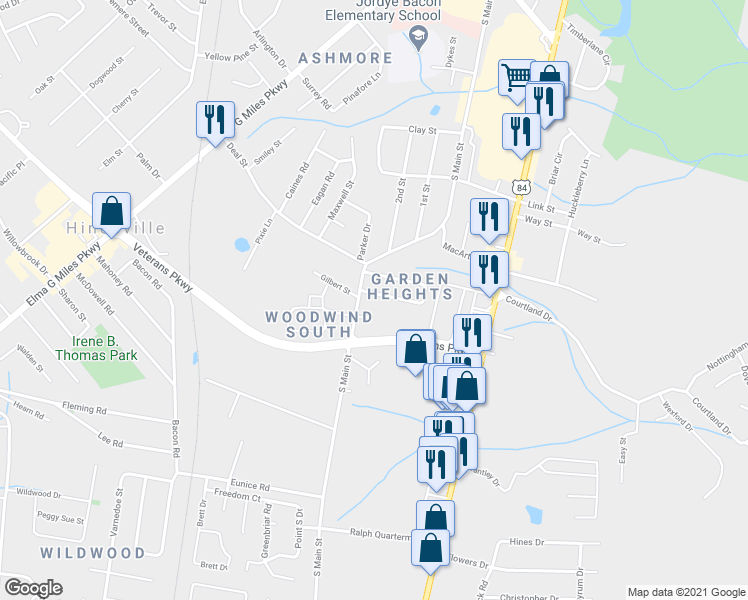 map of restaurants, bars, coffee shops, grocery stores, and more near 262 Garden Circle in Hinesville