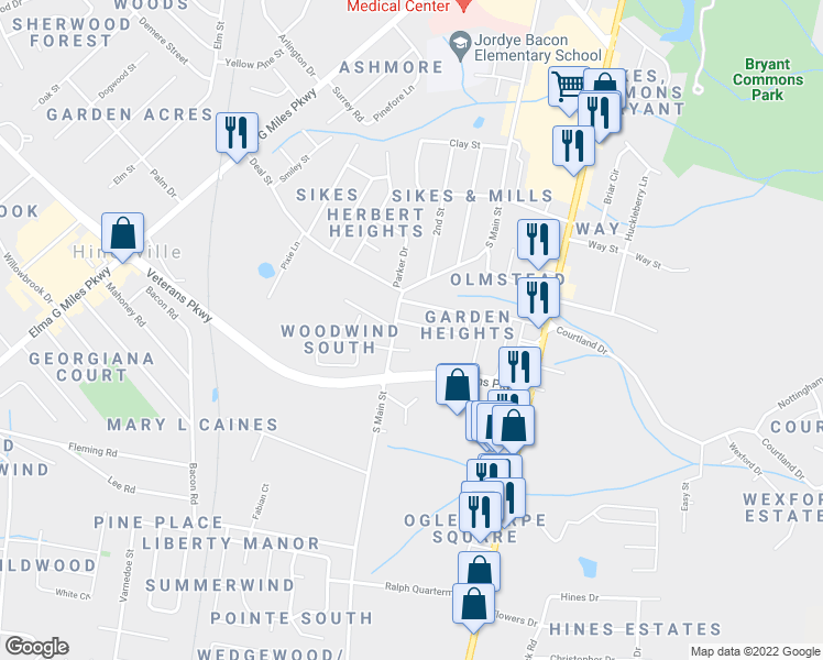 map of restaurants, bars, coffee shops, grocery stores, and more near 262 Garden Circle in Hinesville