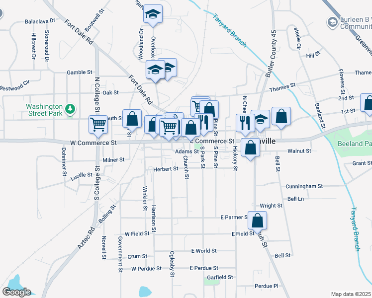 map of restaurants, bars, coffee shops, grocery stores, and more near 100 Adams Street in Greenville