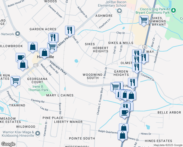 map of restaurants, bars, coffee shops, grocery stores, and more near 121 Gilbert Street in Hinesville