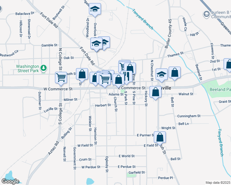 map of restaurants, bars, coffee shops, grocery stores, and more near 101 Adams Street in Greenville
