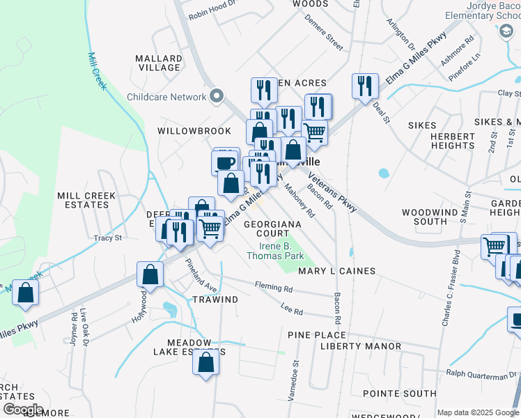map of restaurants, bars, coffee shops, grocery stores, and more near 758 Sharon Street in Hinesville