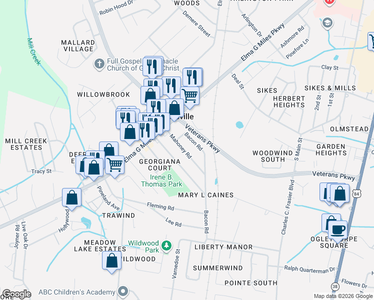 map of restaurants, bars, coffee shops, grocery stores, and more near 655 Mahoney Road in Hinesville