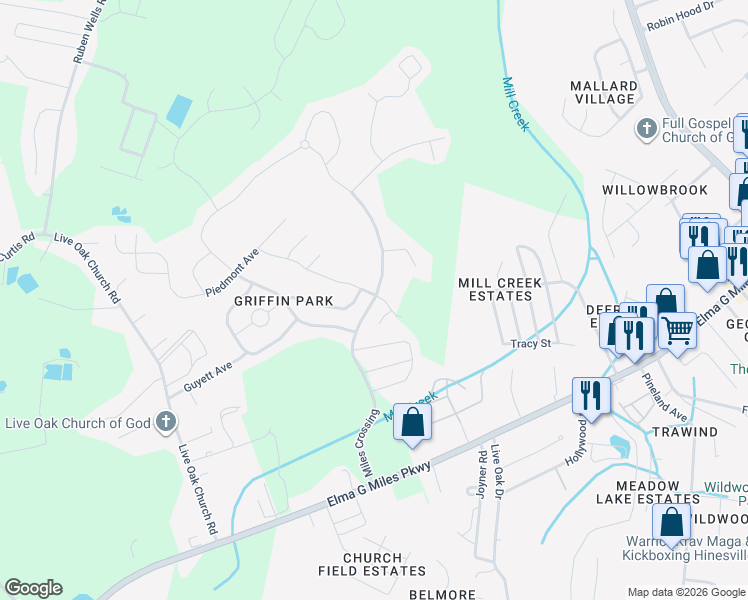 map of restaurants, bars, coffee shops, grocery stores, and more near 609 Amhearst Row in Hinesville
