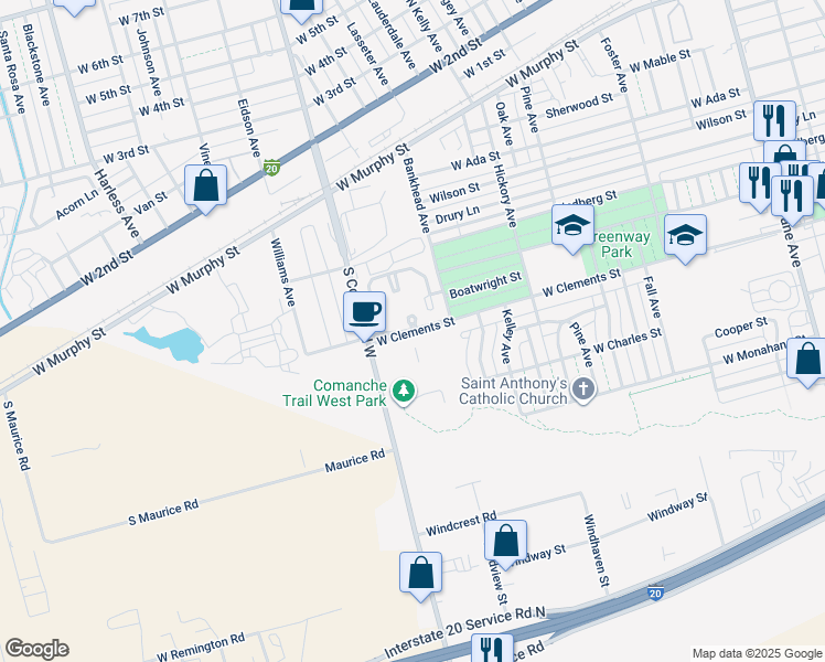 map of restaurants, bars, coffee shops, grocery stores, and more near 901 South County Road West in Odessa
