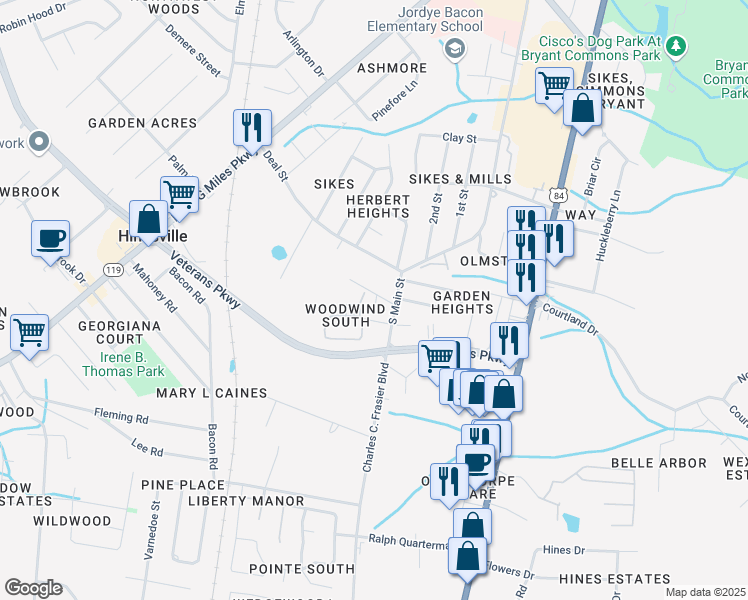 map of restaurants, bars, coffee shops, grocery stores, and more near 1507 Northside Drive in Hinesville