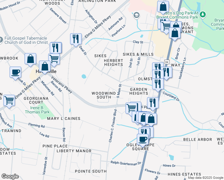 map of restaurants, bars, coffee shops, grocery stores, and more near 107 Gilbert Street in Hinesville