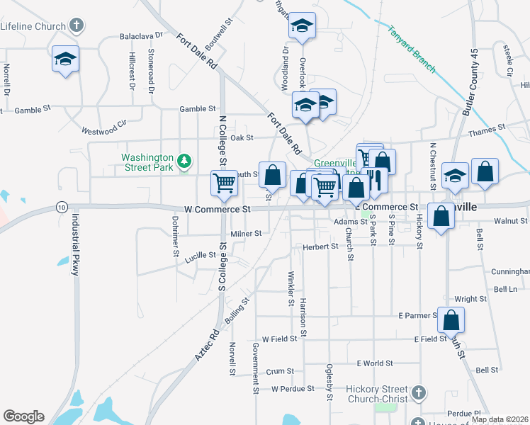 map of restaurants, bars, coffee shops, grocery stores, and more near 401 West Commerce Street in Greenville