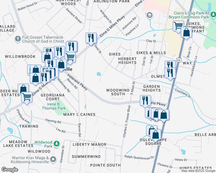 map of restaurants, bars, coffee shops, grocery stores, and more near Pixie Lane in Hinesville
