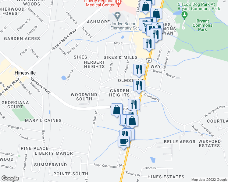 map of restaurants, bars, coffee shops, grocery stores, and more near 217 Garden Circle in Hinesville