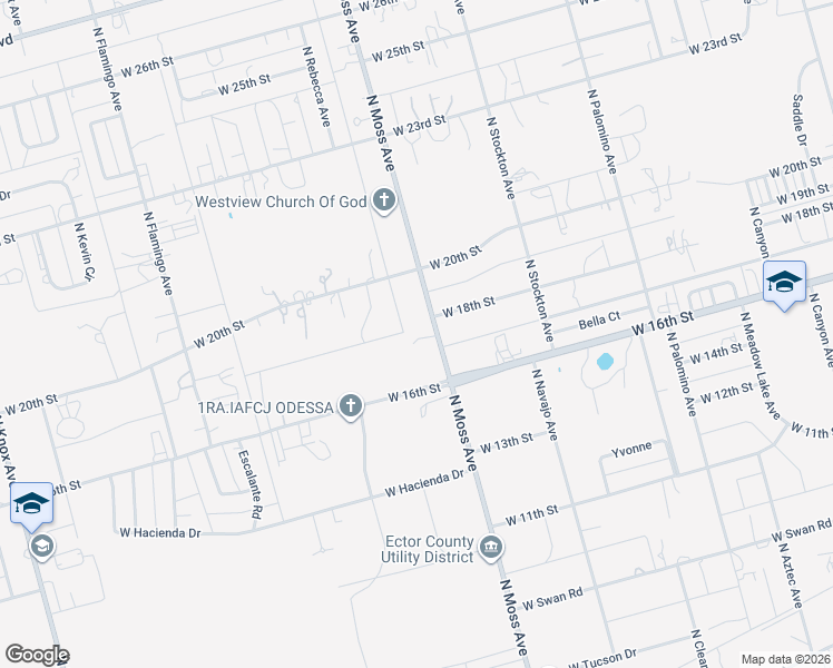 map of restaurants, bars, coffee shops, grocery stores, and more near 1813 North Moss Avenue in Odessa
