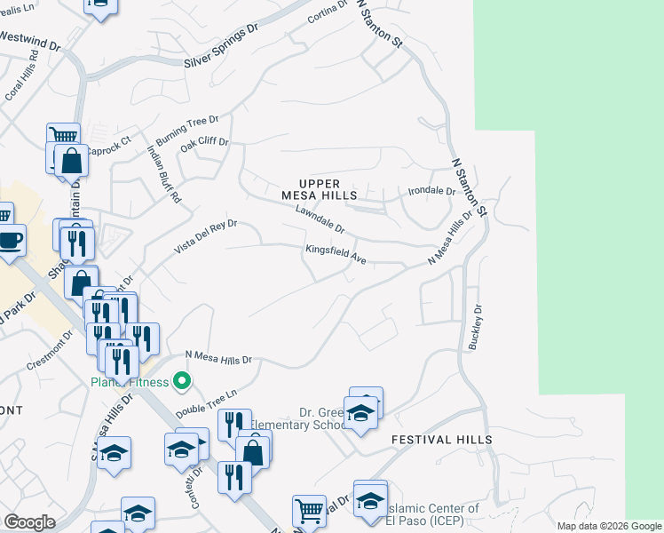 map of restaurants, bars, coffee shops, grocery stores, and more near 5756 Kingsfield Avenue in El Paso